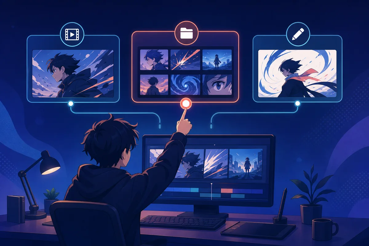 Editorial illustration of a video editor choosing among verified anime-inspired clip sources