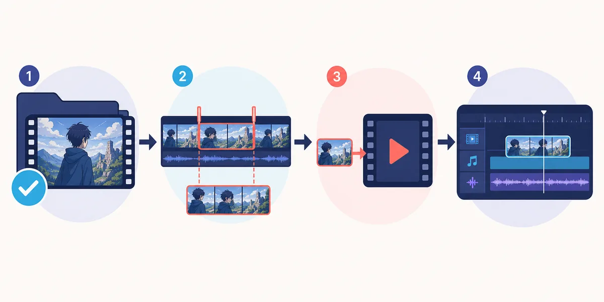 Four-stage editorial diagram from verified footage to selected clip and editing timeline