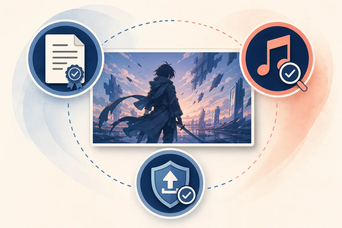 Editorial illustration of license, music, and platform checks around an anime-inspired video frame