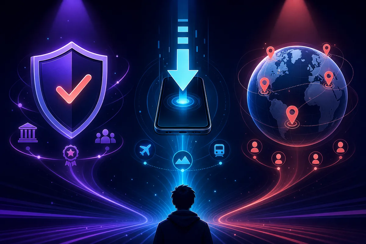 Editorial illustration showing source trust, offline download, and regional availability checks