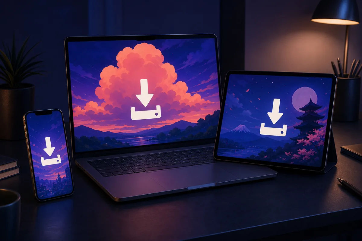 Editorial illustration of a phone, laptop, and tablet saving anime-inspired video artwork for offline viewing