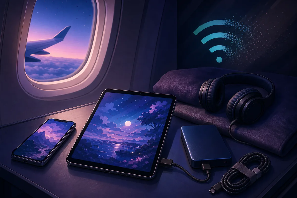 Editorial illustration of a phone, tablet, storage drive, headphones, and fading Wi-Fi during travel