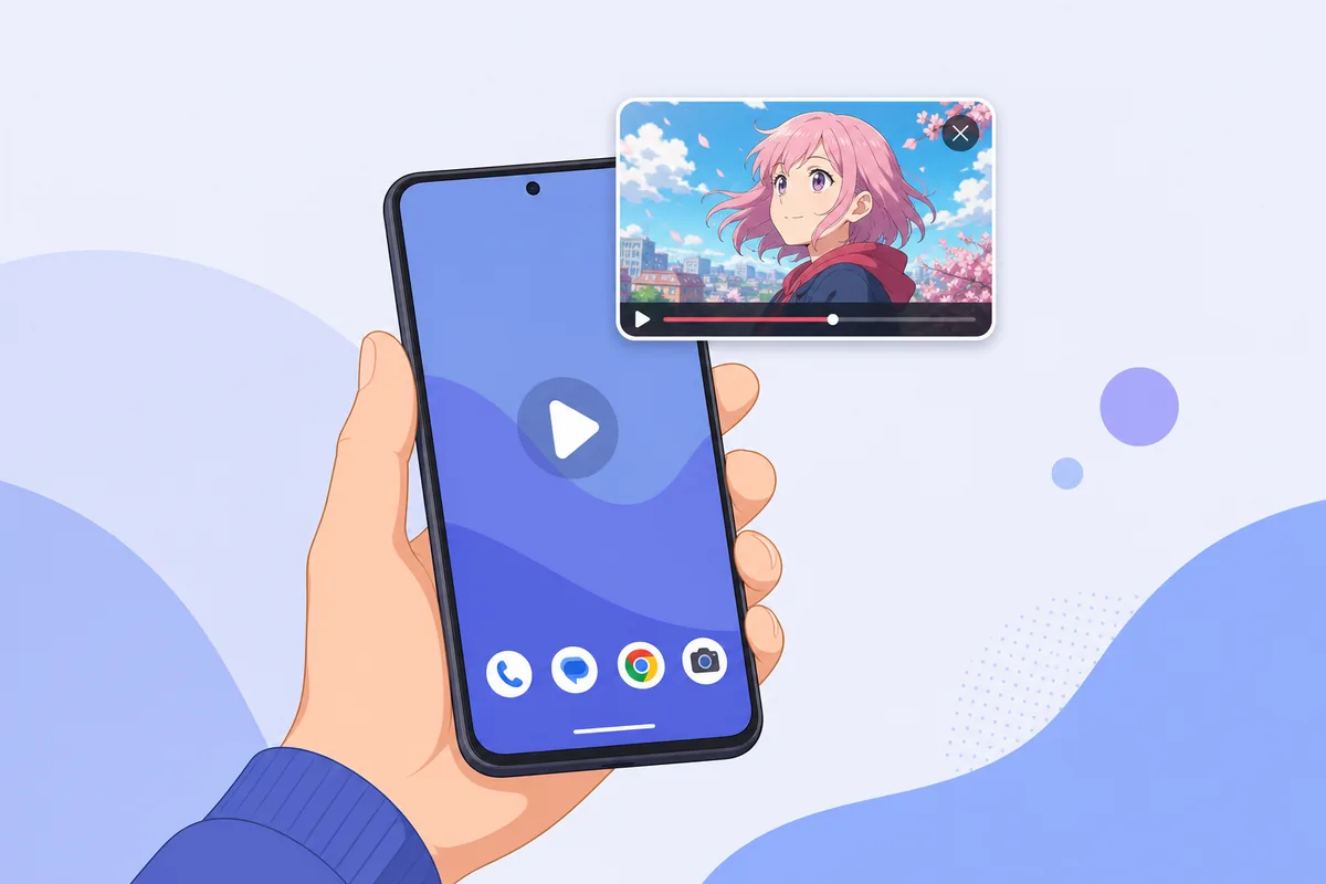 Editorial illustration of a generic Android phone with a small anime video window floating above it