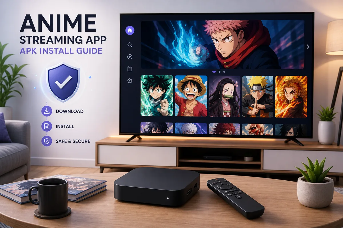 Anime Salt APK Android TV and Firestick installation setup with TV screen, remote, and safe sideloading symbol