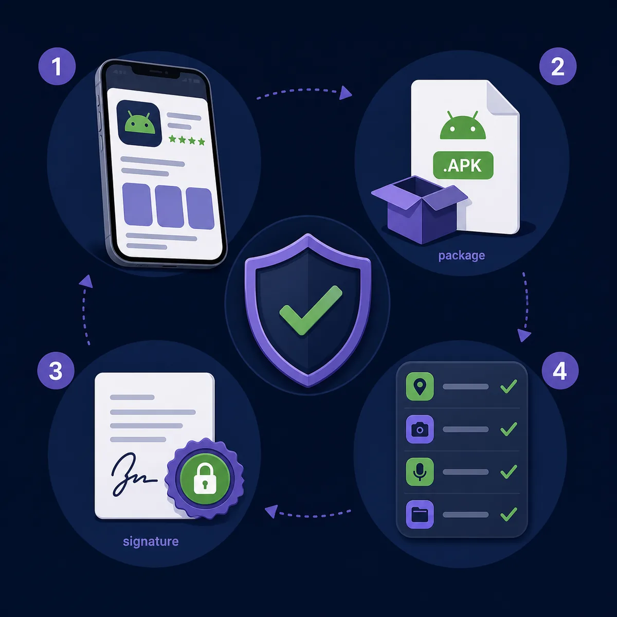 Illustrative four-part checklist for checking an Anime Salt APK package, signature, and permissions
