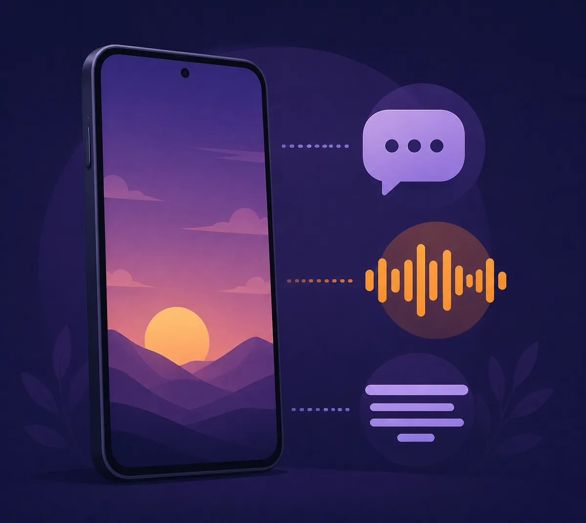Editorial illustration showing an Android phone with separate audio, speech, and subtitle cues for Hindi anime viewing