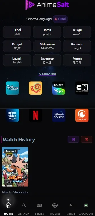 Site-owned Anime Salt mobile screenshot showing Hindi selected in the language grid
