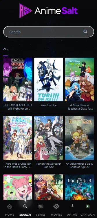 Site-owned Anime Salt mobile screenshot showing search and anime title cards