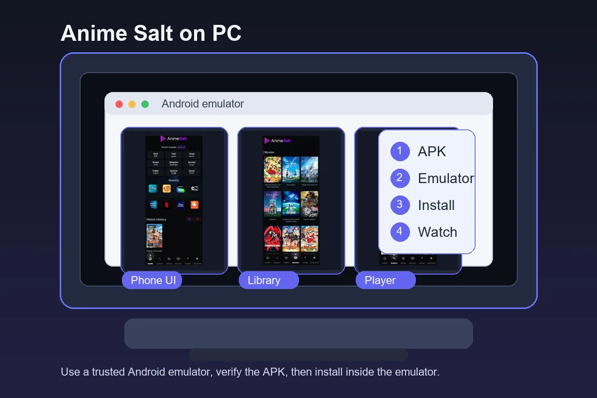 Anime Salt APK for PC setup using Android emulator and real app screenshots