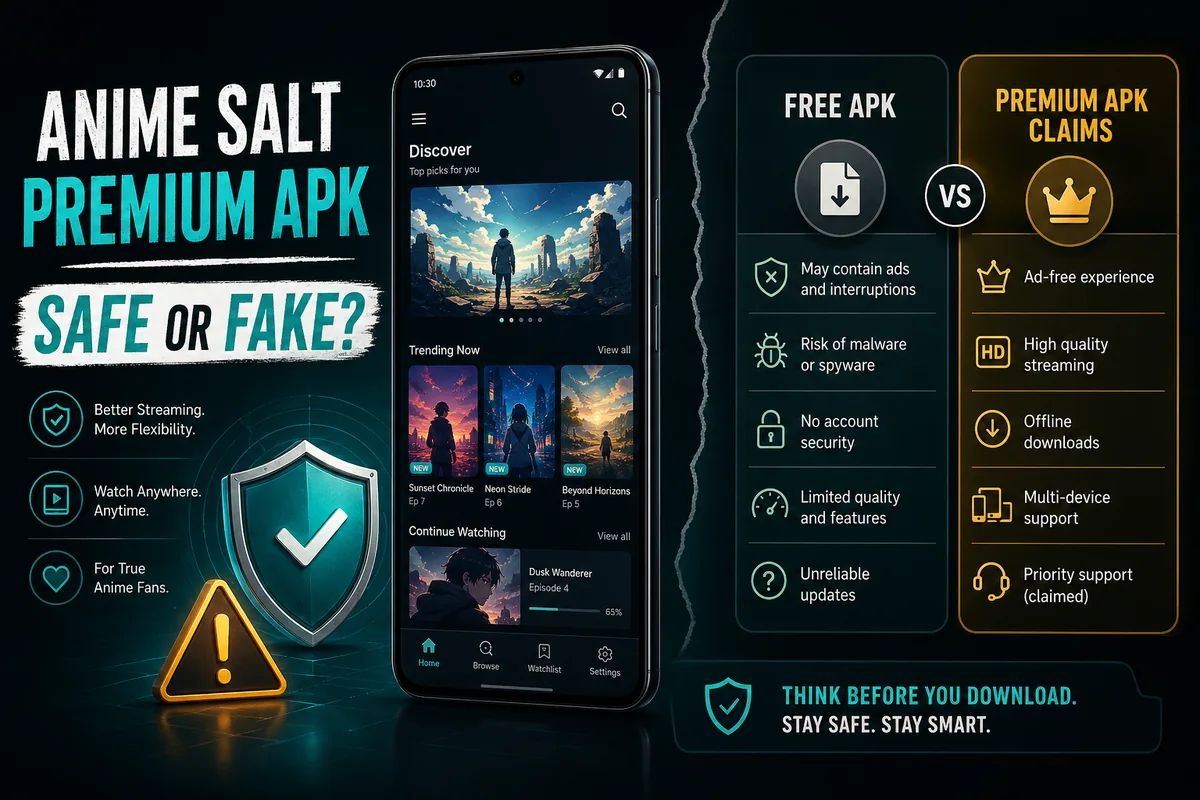 Anime Salt Premium APK safety comparison showing a phone, shield, warning symbol, and free versus premium APK claims