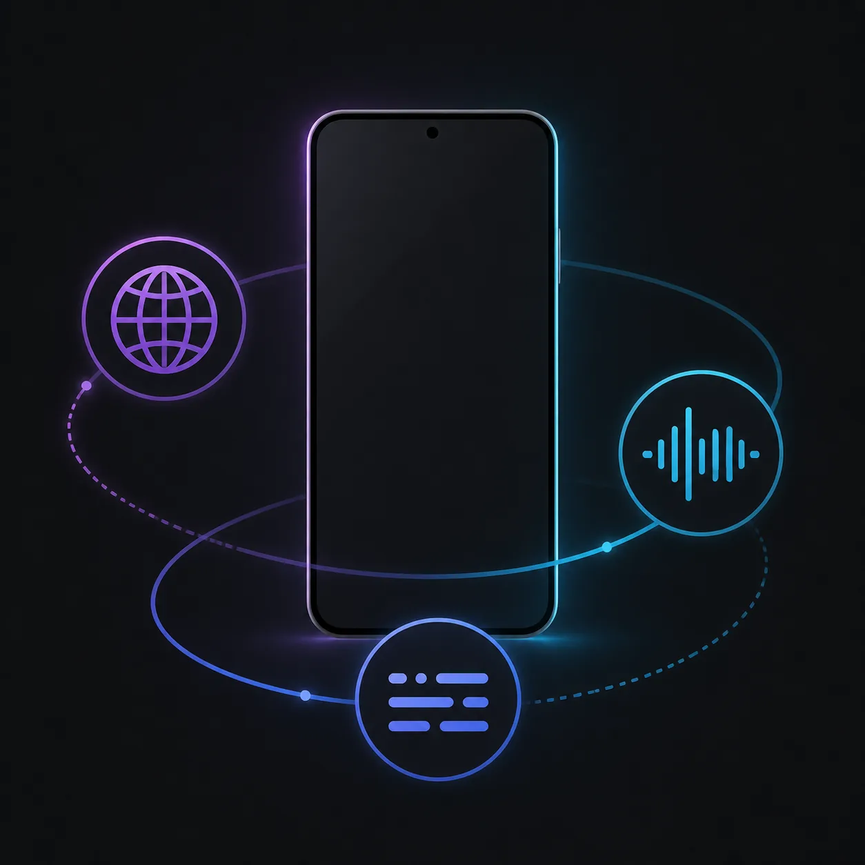Editorial concept illustration of an Android phone with separate language, audio, and subtitle checks