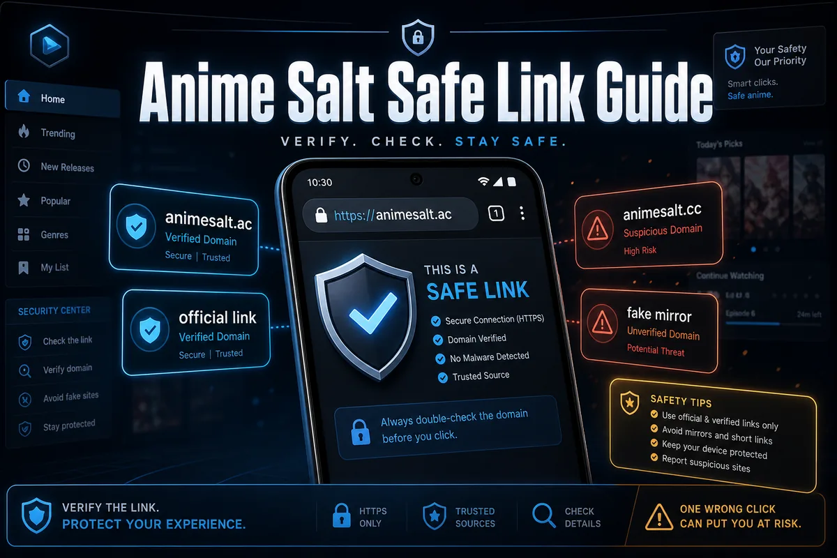 Anime Salt safe link guide showing a phone browser, verified shield, warning symbol, and several look-alike Anime Salt domains