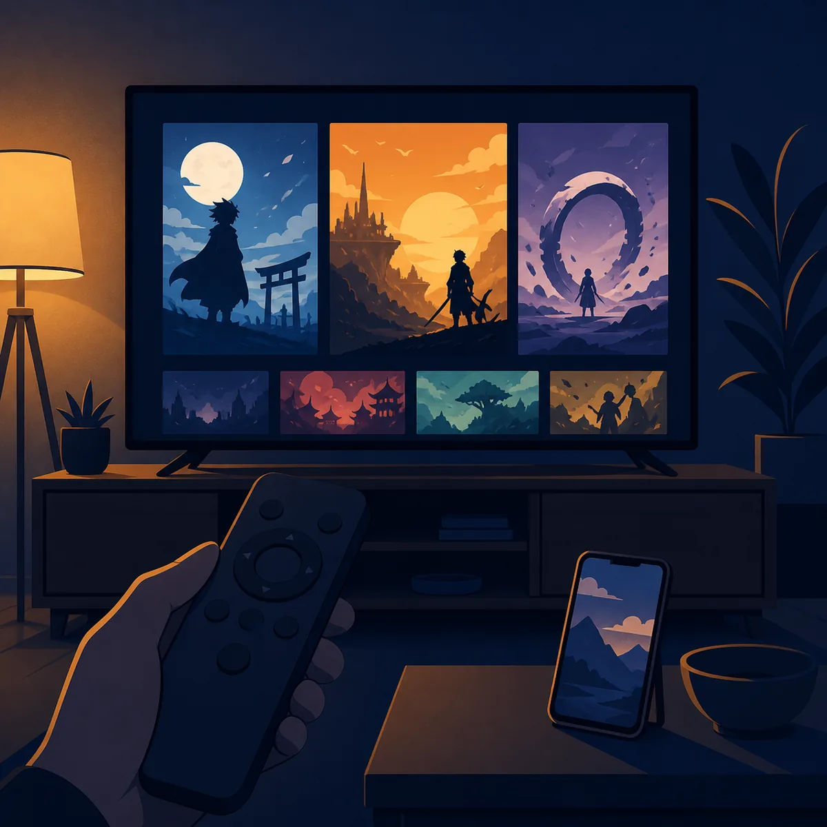 Living room television with a remote and phone representing different anime viewing paths