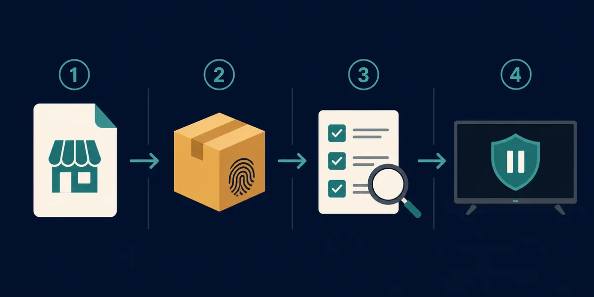 Four-step editorial flow for checking an APK publisher, package, permissions, and TV safety