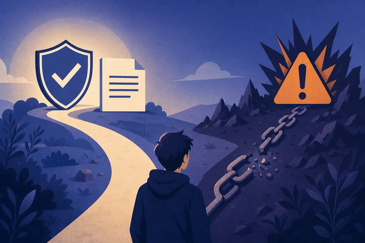 Text-free editorial illustration comparing a verified subtitle source with a risky mirror path