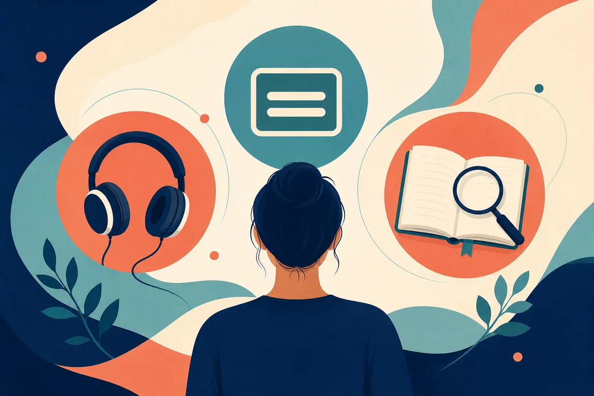 Text-free editorial illustration of original audio, captions, and study subtitle choices