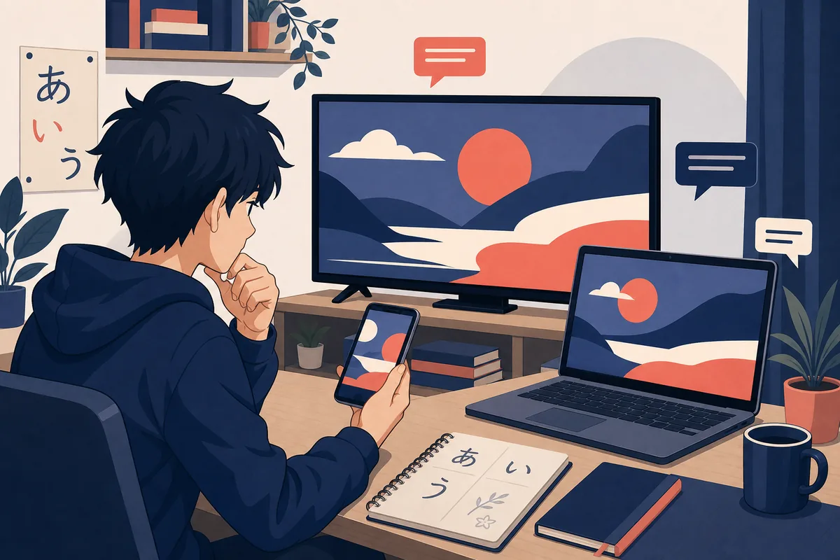 Editorial illustration of a viewer comparing anime subtitle choices across devices