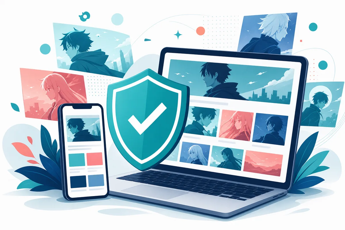 Safe free anime websites guide shown with anime screens on phone and laptop plus a shield symbol