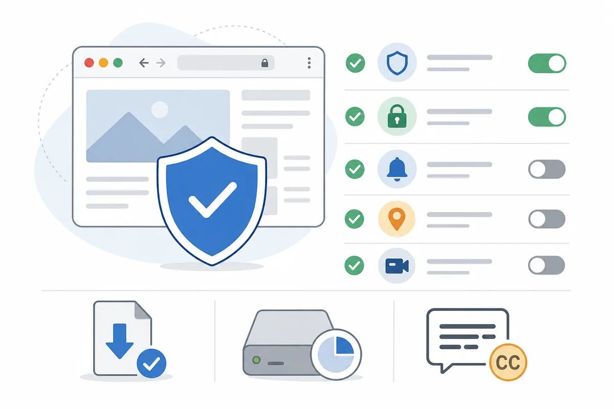 Safety checklist for free anime websites with browser, shield, download, storage, and subtitle icons