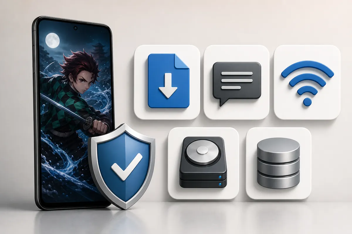 Android anime app safety checklist with shield, download, subtitles, Wi-Fi, and storage symbols