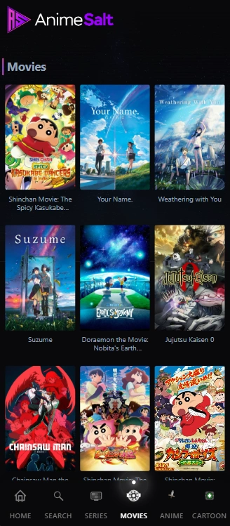Site-owned Anime Salt mobile screenshot showing a grid of anime movie and series cards